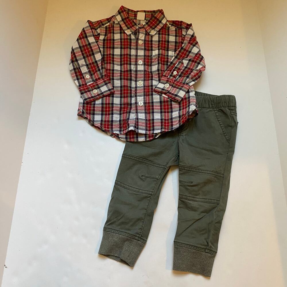 Baby Gap Plaid Button Down Long Sleeve Shirt & Cat & Jack Olive Pants